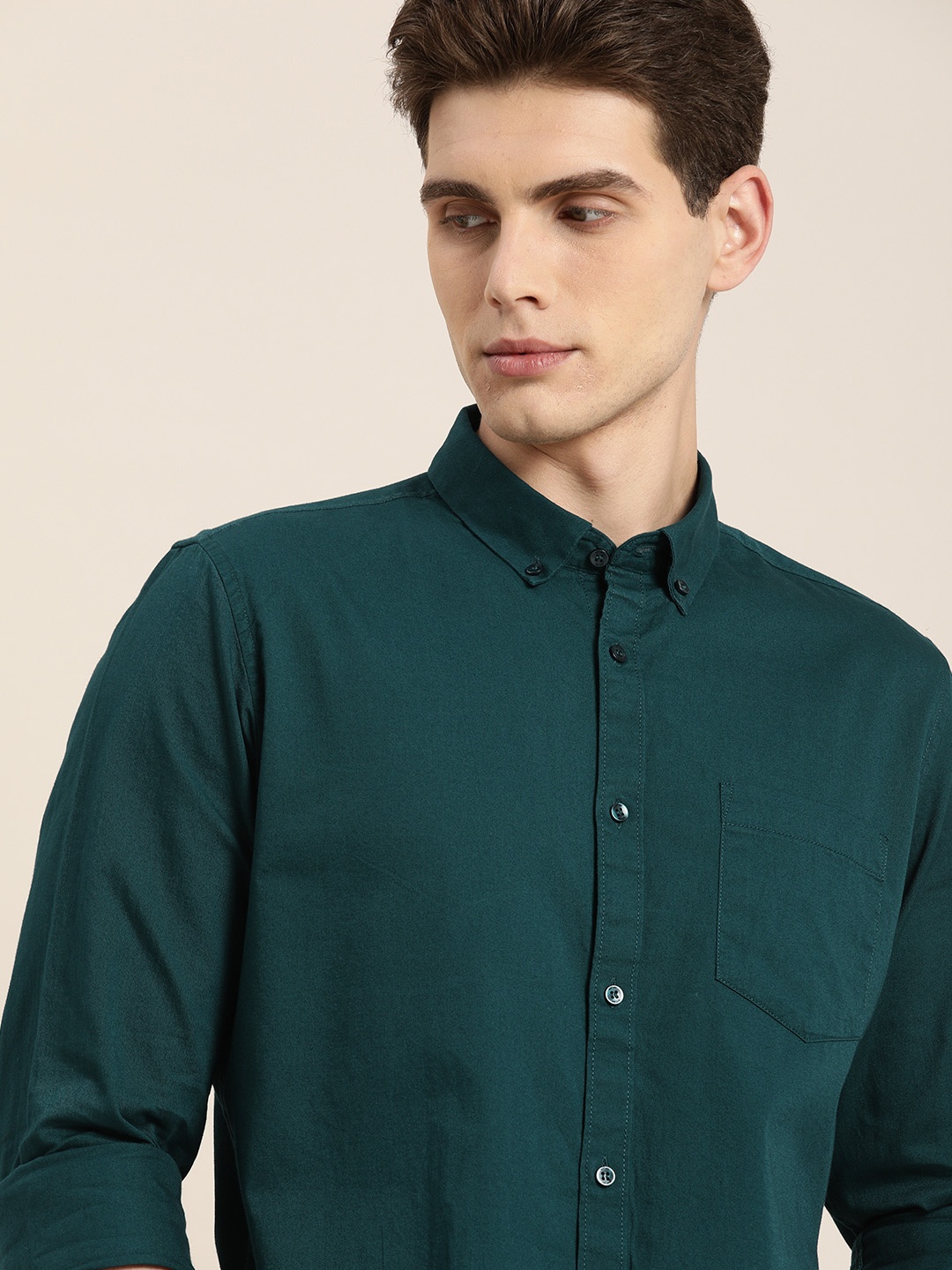 

ether Men Teal Green Opaque Pure Cotton Casual Shirt