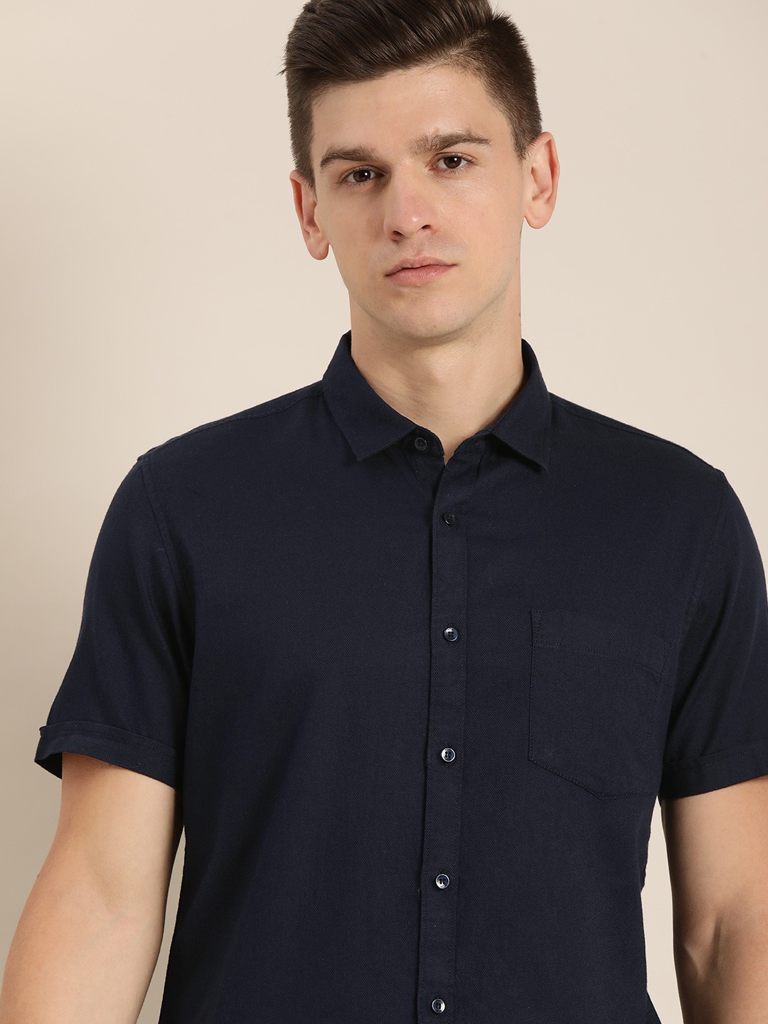 

ether Men Navy Blue Solid Casual Shirt