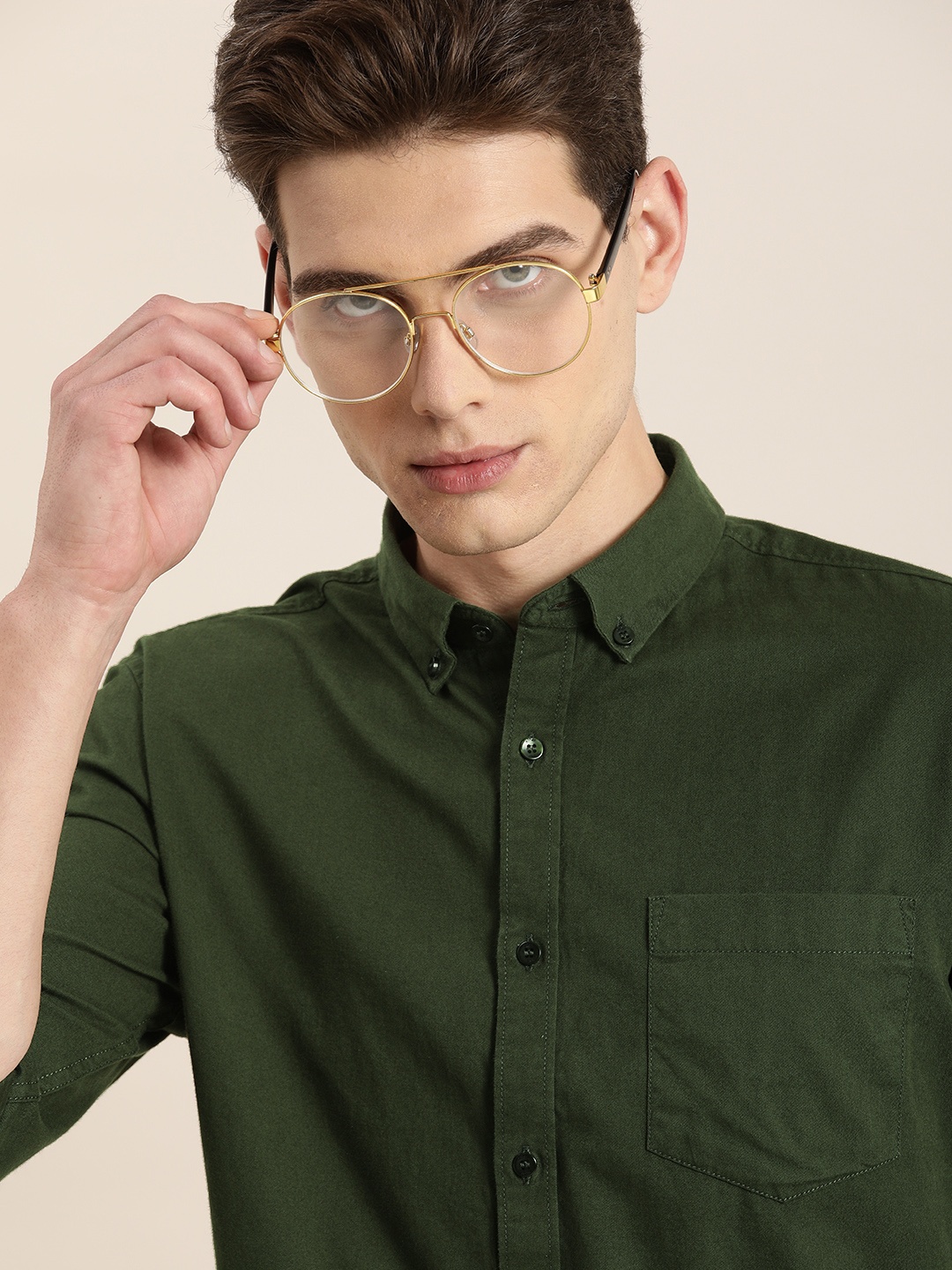 

ether Men Olive Green Opaque Pure Cotton Casual Shirt