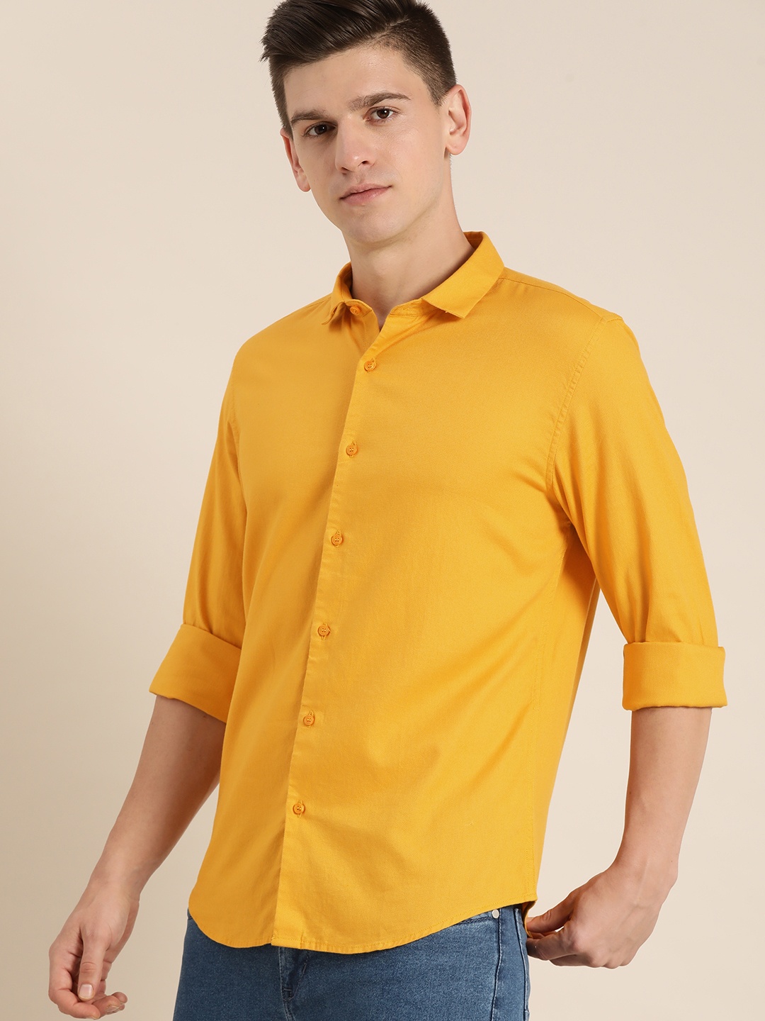 

ether Men Mustard Yellow Pure Cotton Casual Shirt
