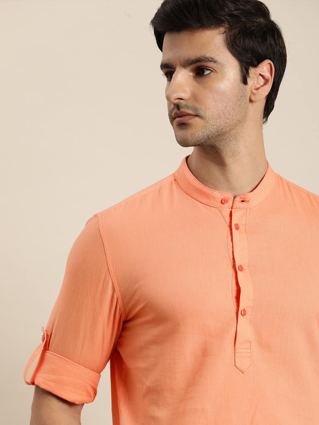 

ether Men Solid Peach Coloured Opaque Mandarin Collar Pure Cotton Casual Shirt