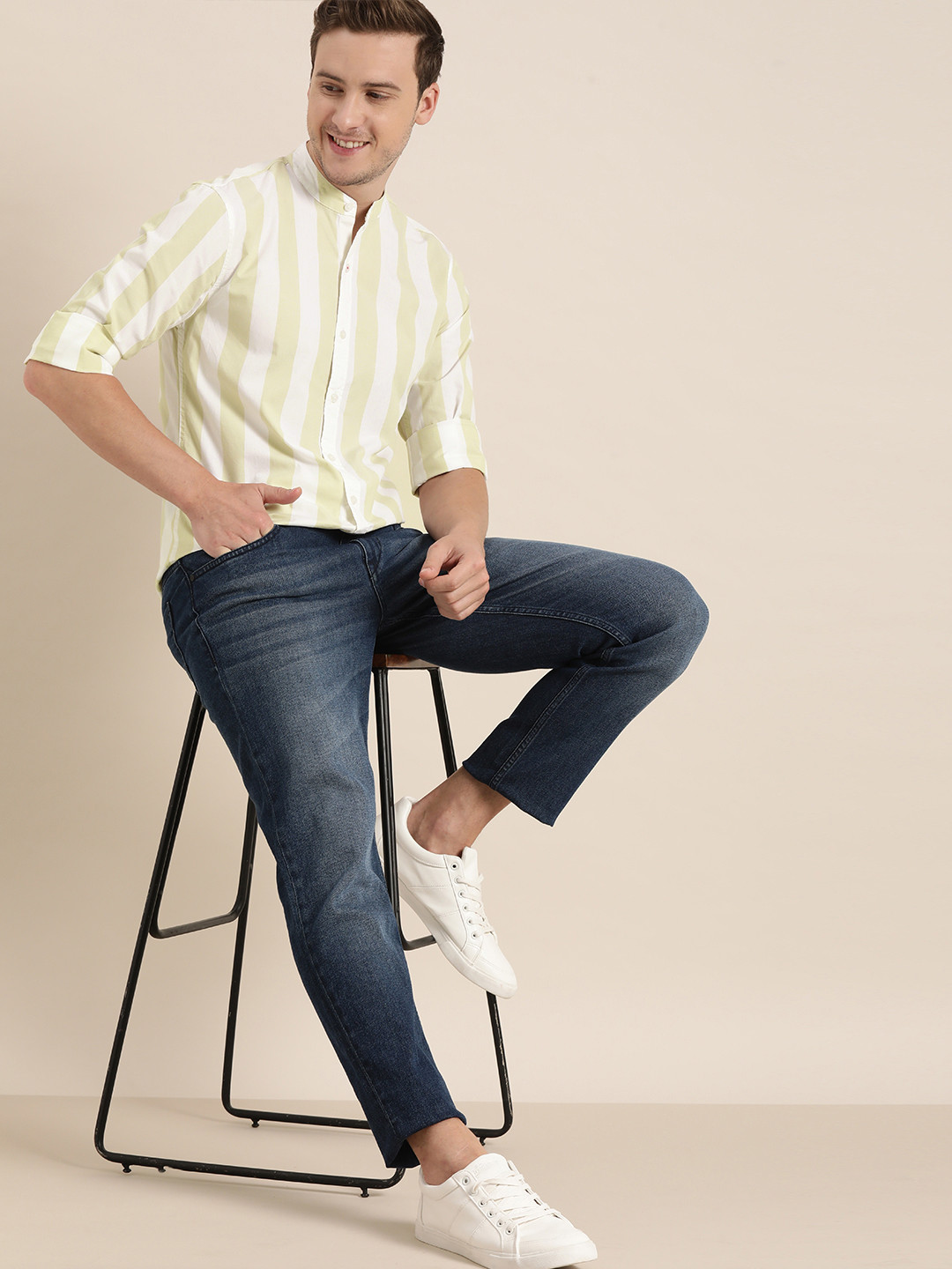 

INVICTUS Men White & Beige Sport Slim Fit Striped Pure Cotton Sustainable Casual Shirt