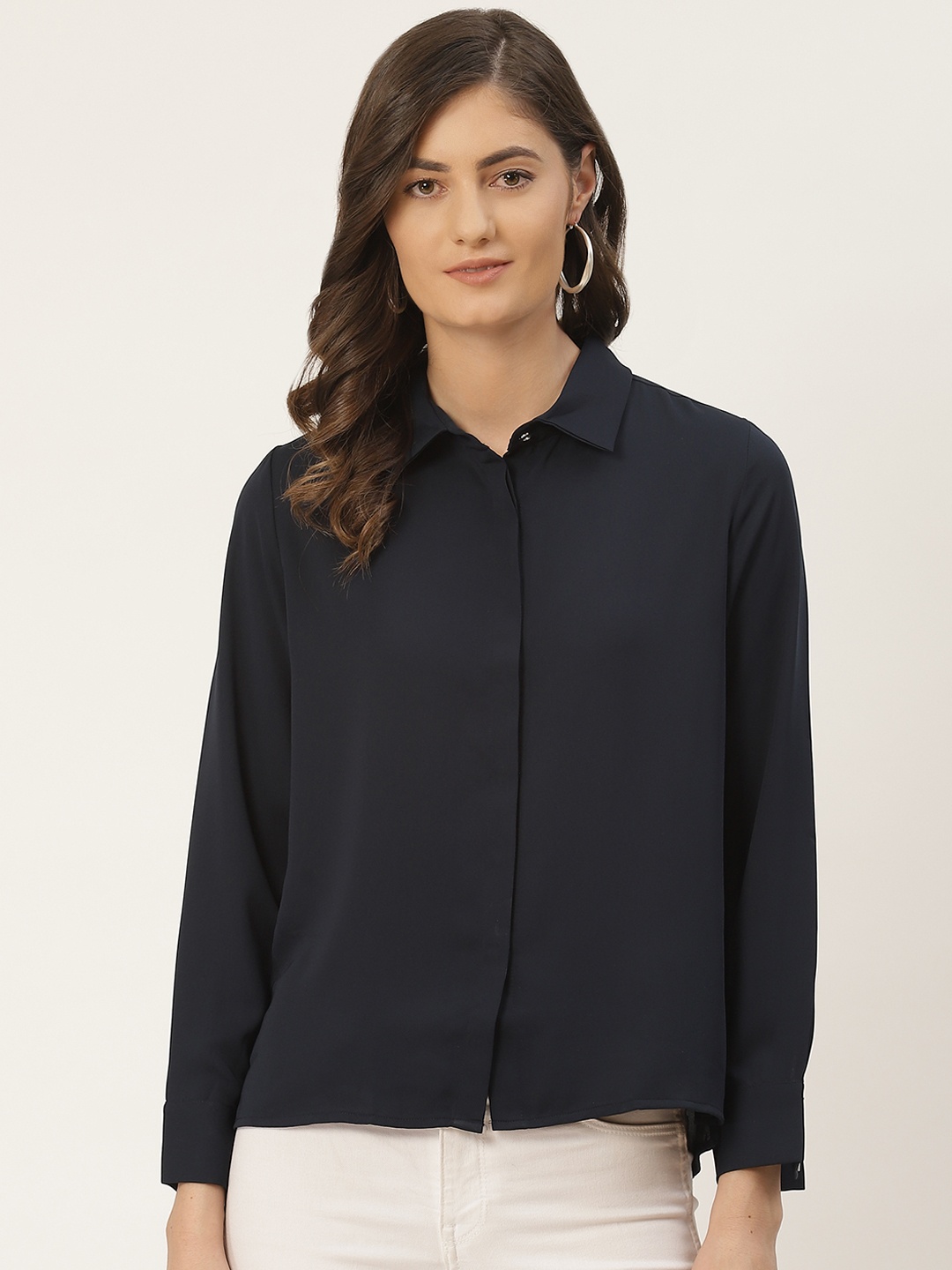 

Madame Women Navy Blue Regular Fit Solid Casual Shirt