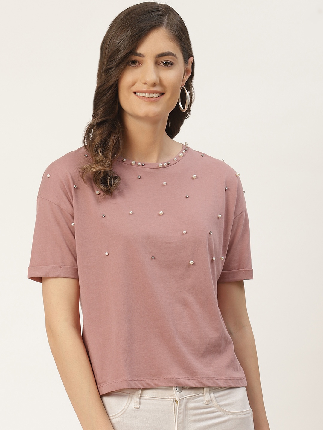 

Madame Women Dusty Pink Cotton Embellished Round Neck Pure Cotton T-shirt