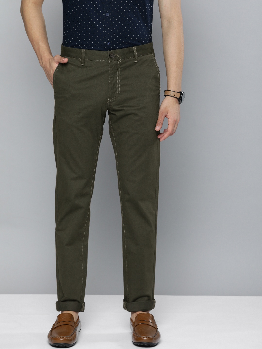 

Indian Terrain Men Olive Green Brooklyn Slim Fit Trousers