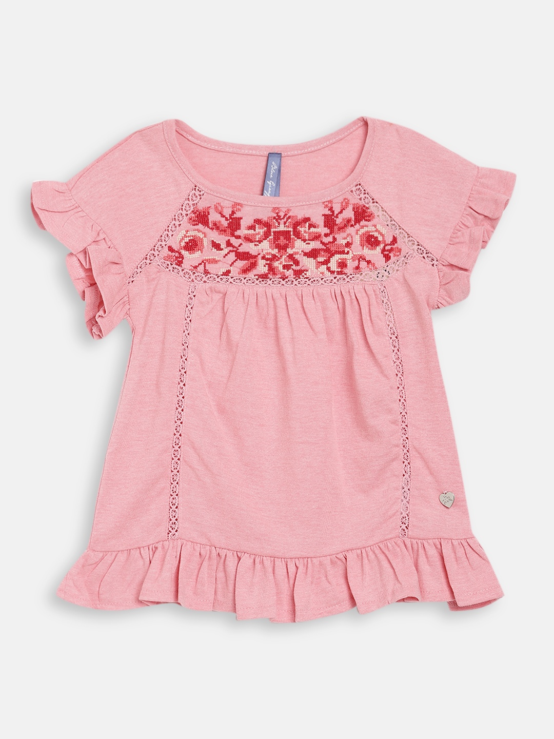 

Blue Giraffe Pink & Red Geometric Embroidered Flared Sleeves Regular Top