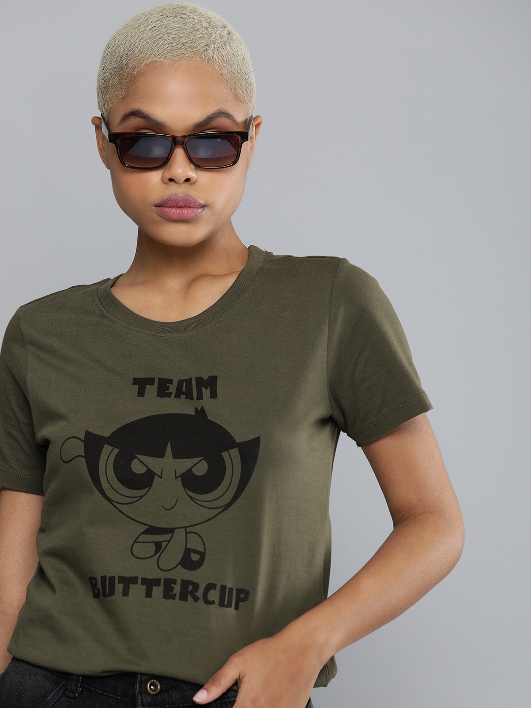 

Powerpuff Girls by Kook N Keech Women Olive Green & Black Printed T-shirt