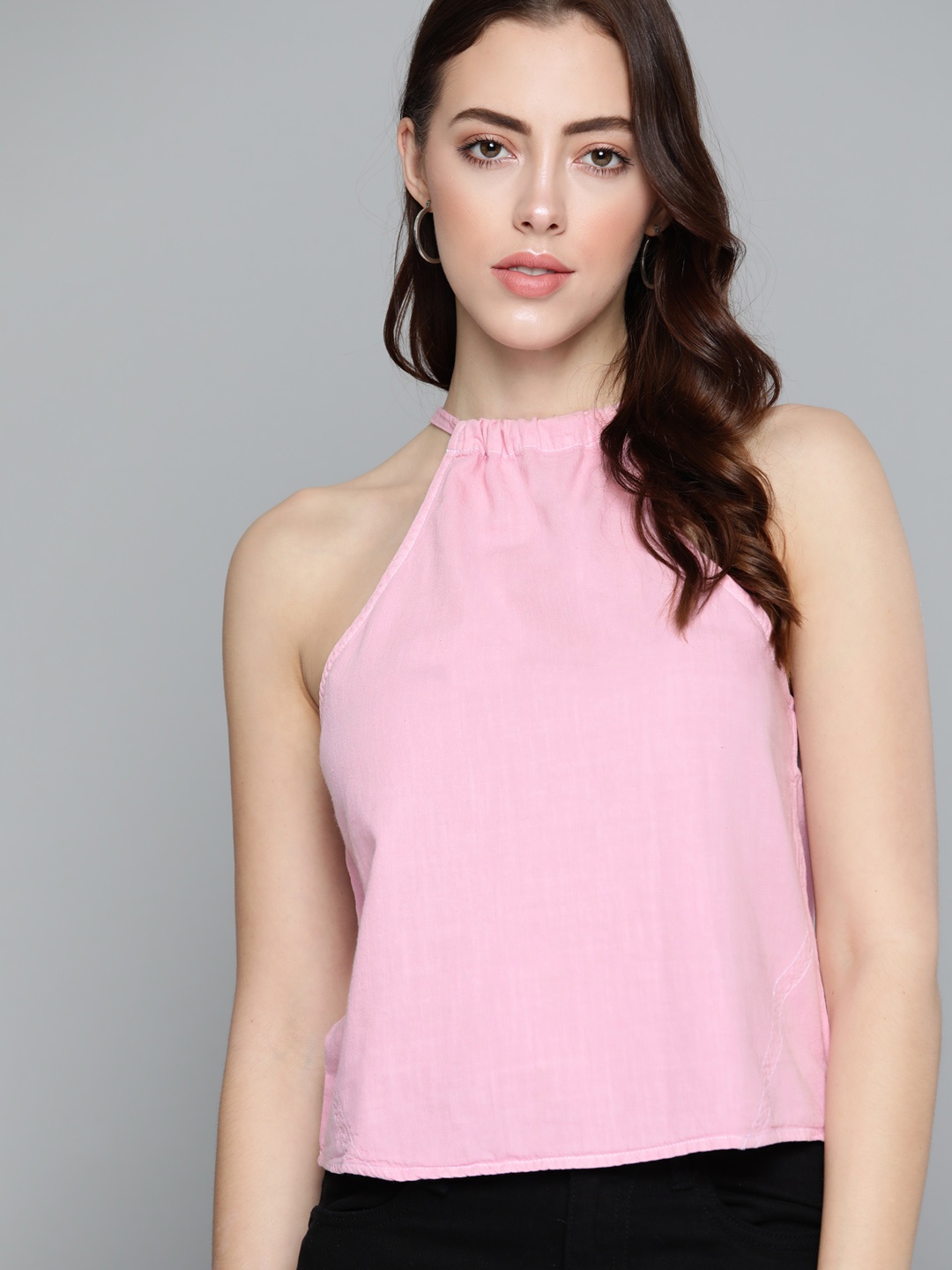 

Kook N Keech Pink Pure Cotton Halter Neck Solid Top