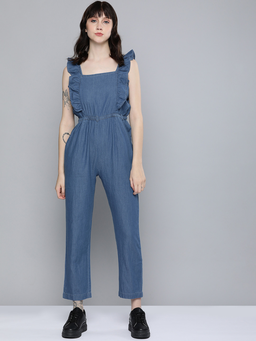 

Kook N Keech Women Blue Solid Pure Cotton Sleevless Basic Jumpsuit