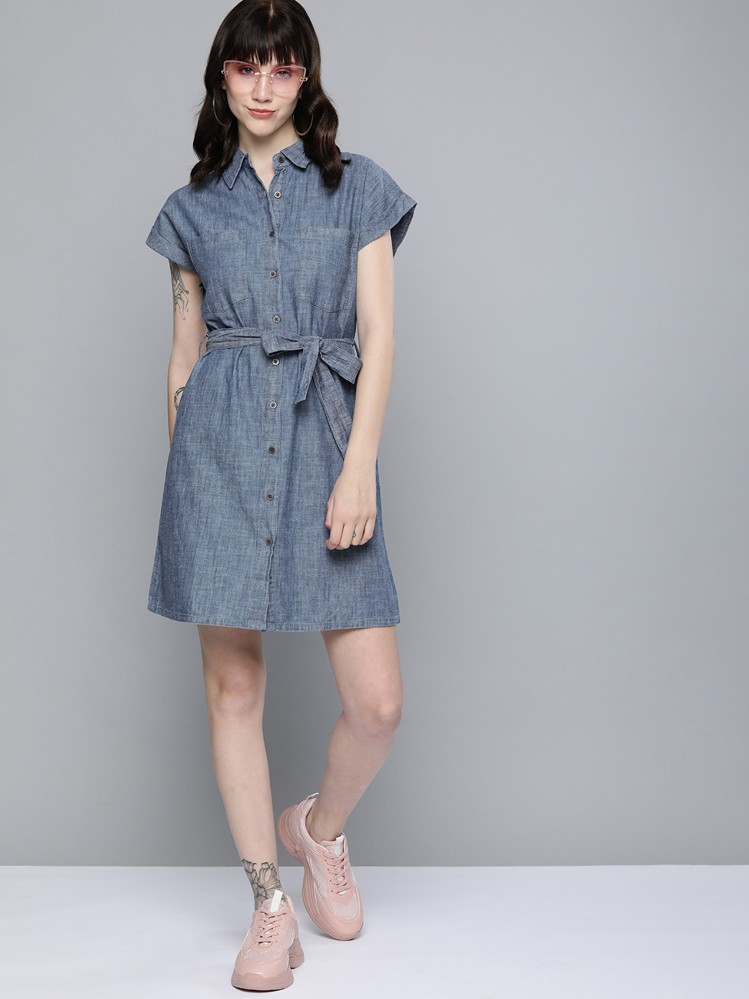 

Kook N Keech Women Blue Solid Pure Cotton Pinafore Dress Comes With A Belt