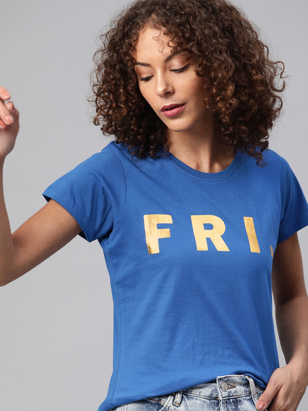 

Kook N Keech Women Blue & Golden Typography Printed Pure Cotton T-shirt