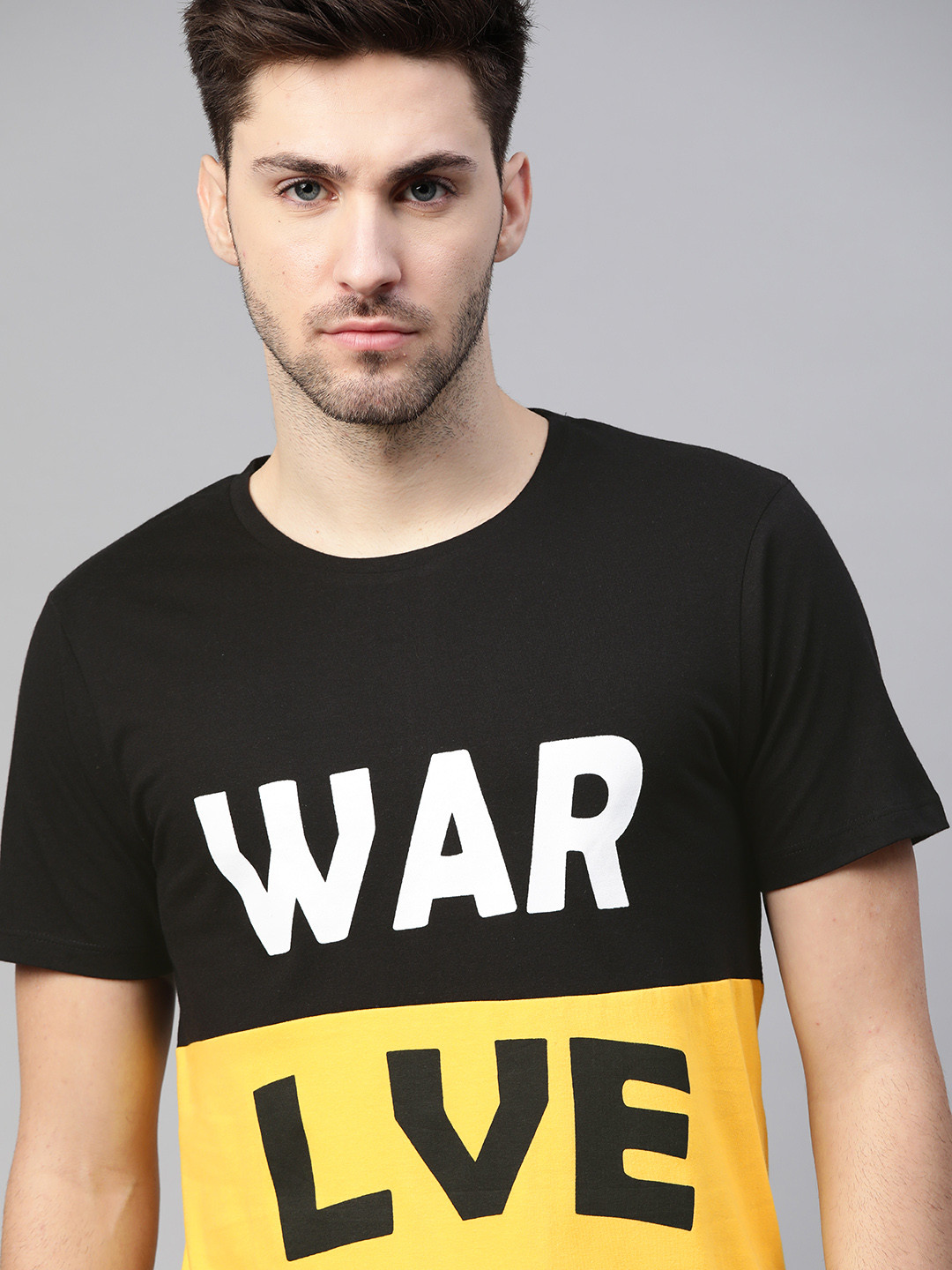 

Kook N Keech Men Black & Yellow Pure Cotton Colourblocked T-shirt