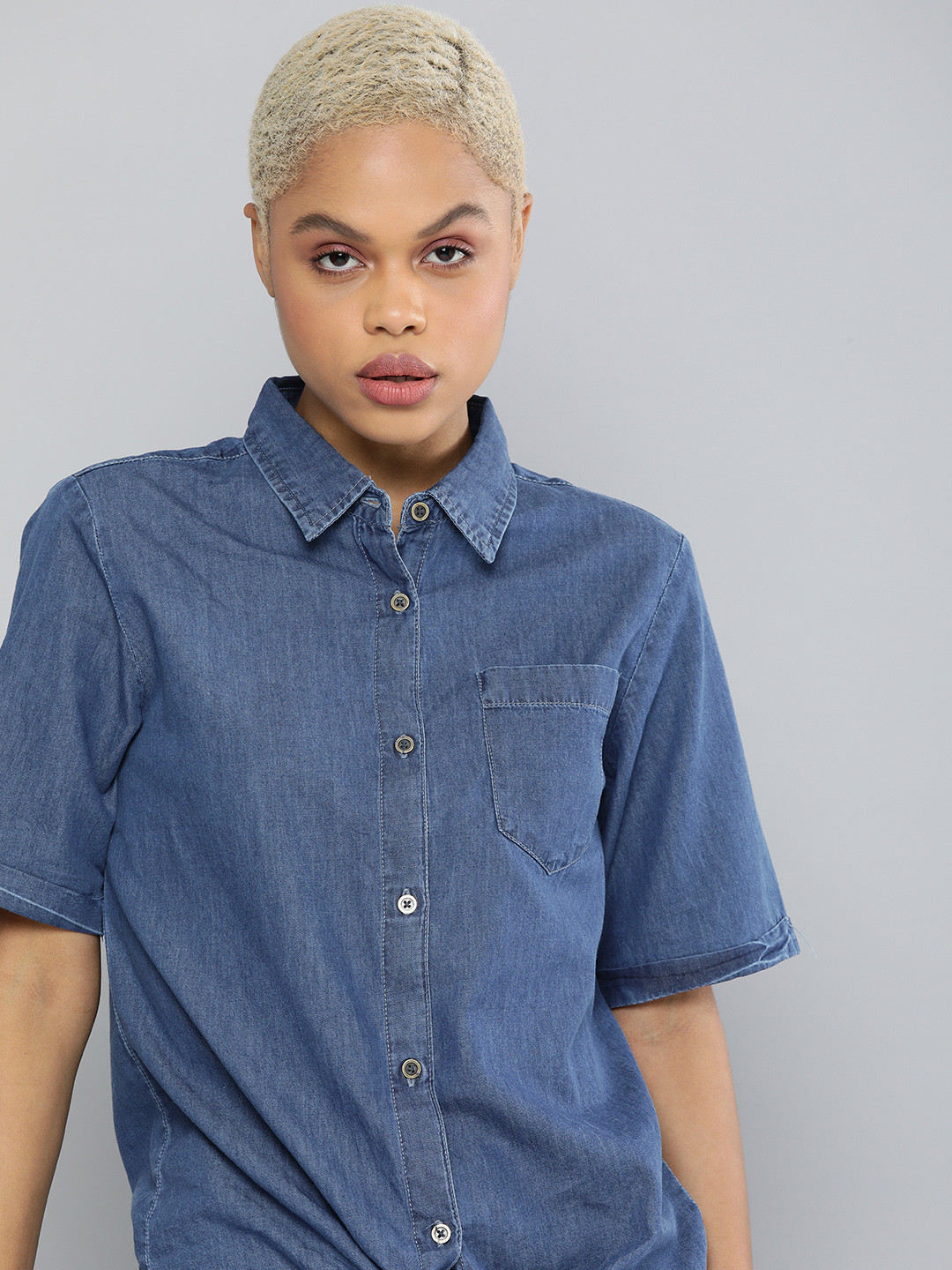 

Kook N Keech Women Blue Solid Regular Fit Knotted Denim Casual Shirt