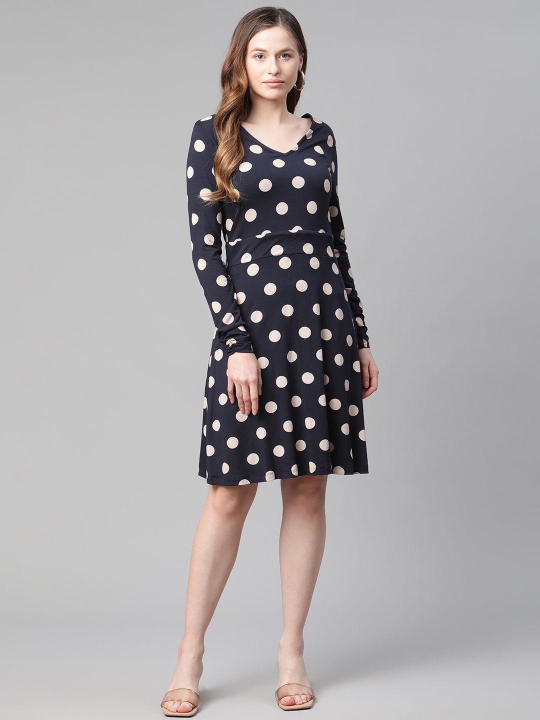 

Marks & Spencer Navy Blue & Beige Polka Dots Print A-Line Dress