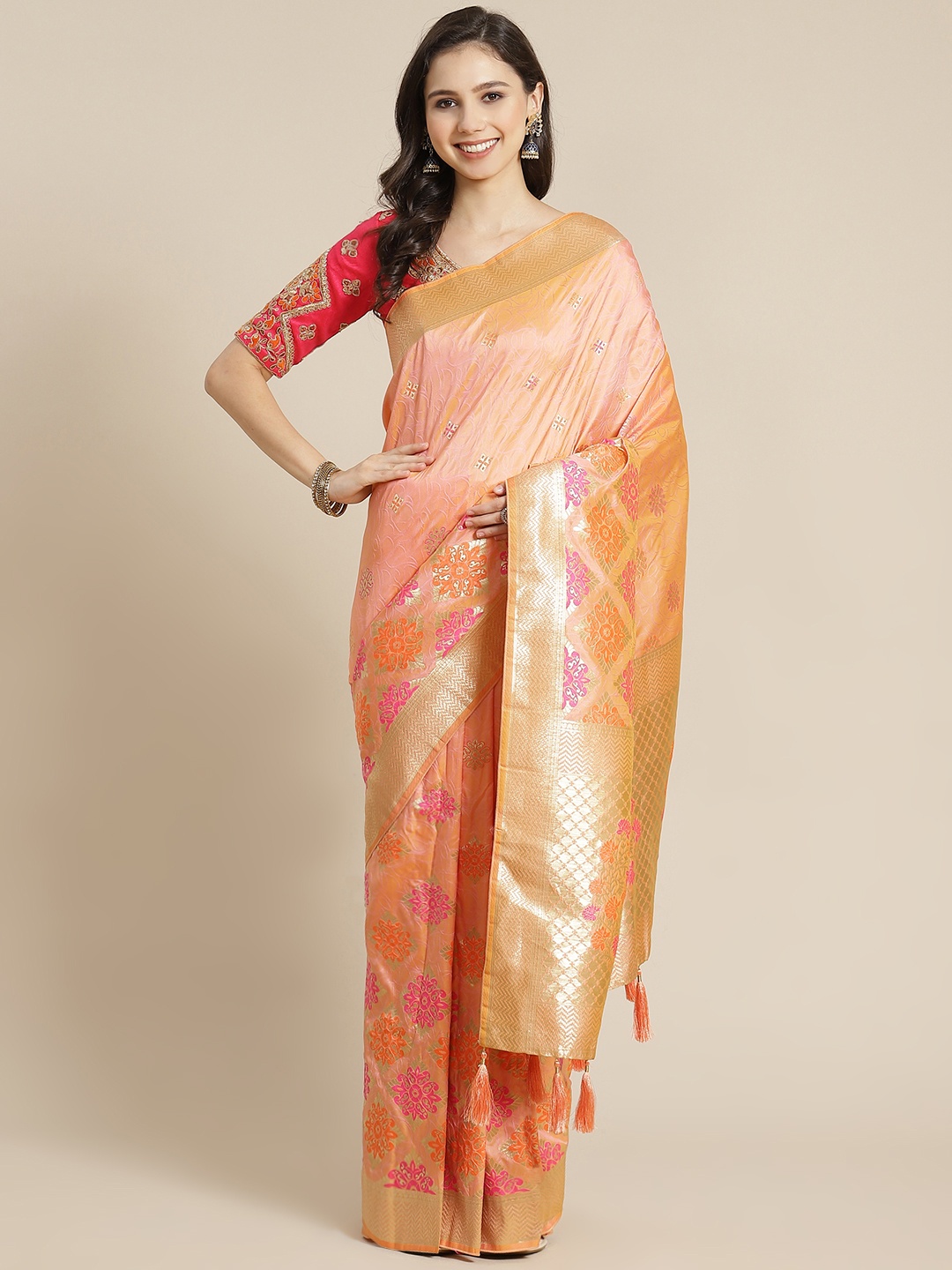 

MANOHARI Peach-Coloured & Pink Woven Design Banarasi Saree