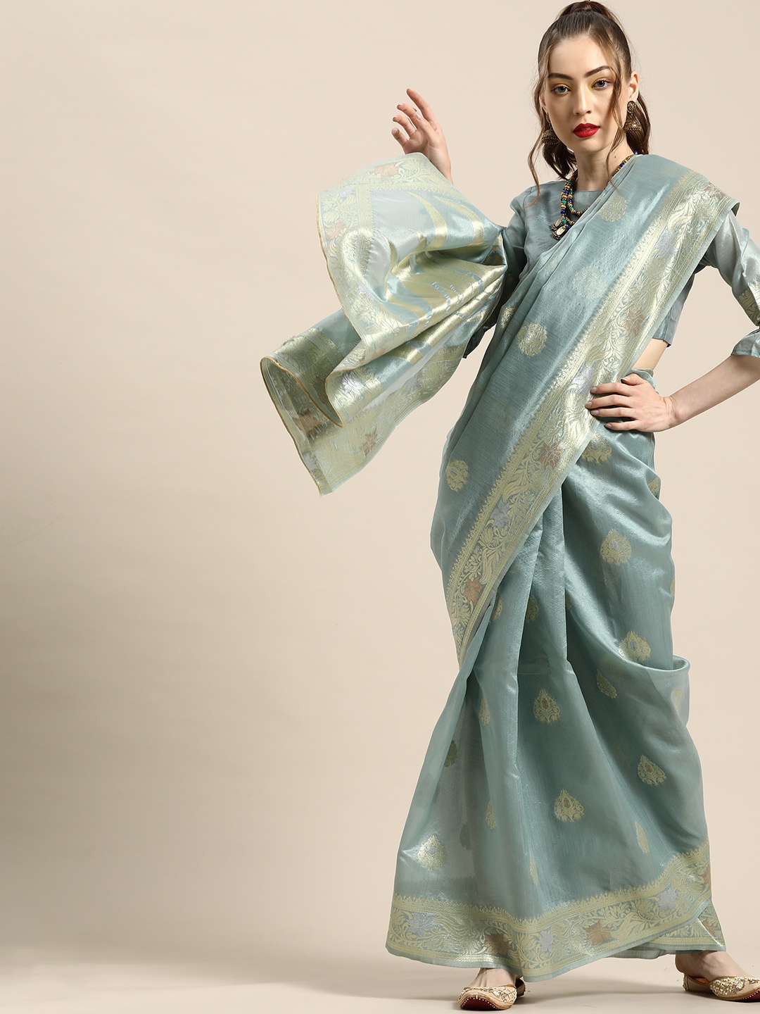 

Saree mall Ethnic Motifs Silk Blend Saree with Woven Design border, Blue