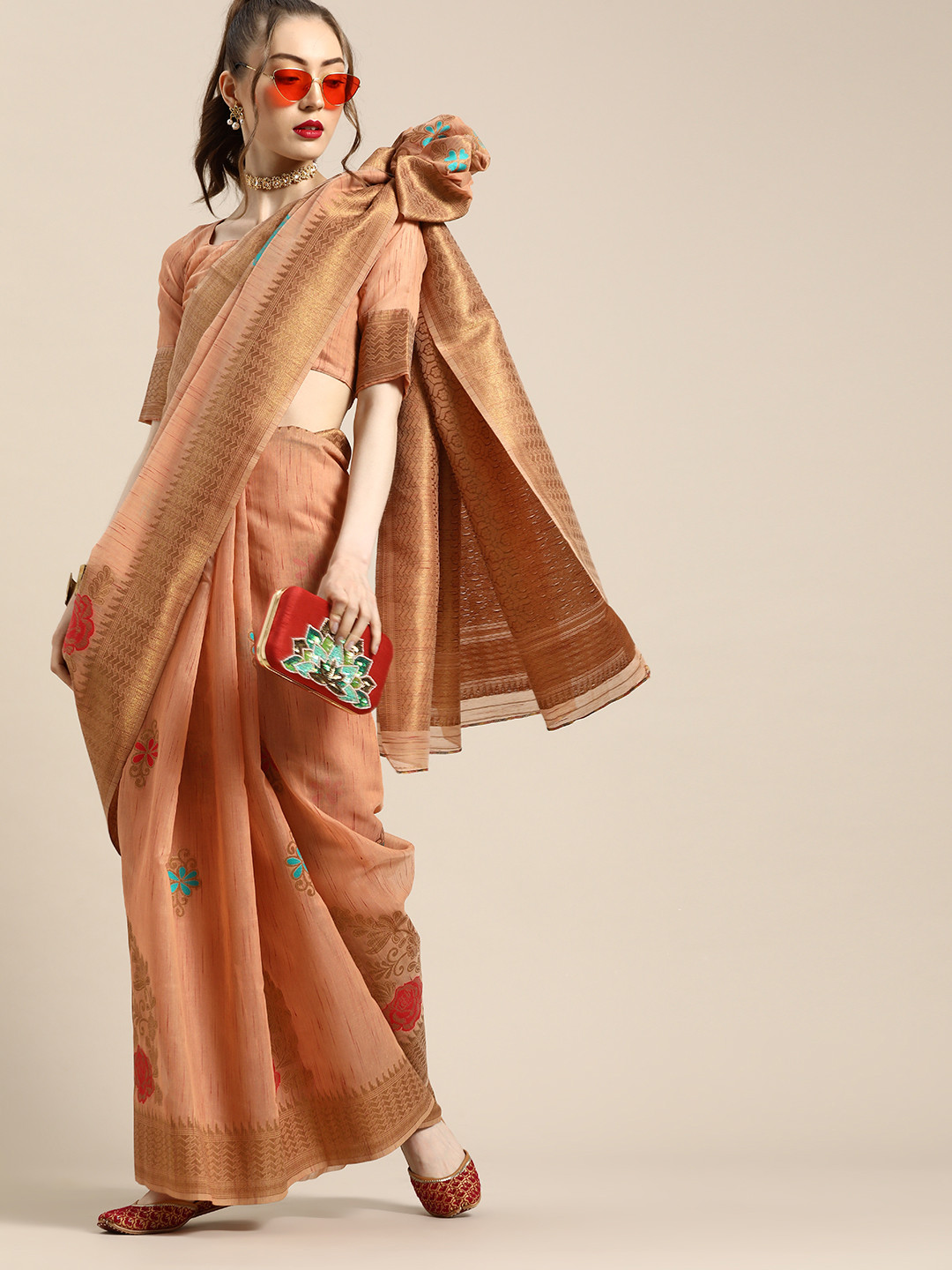 

Saree mall Beige & Red Ethnic Motifs Silk Blend Banarasi Sarees