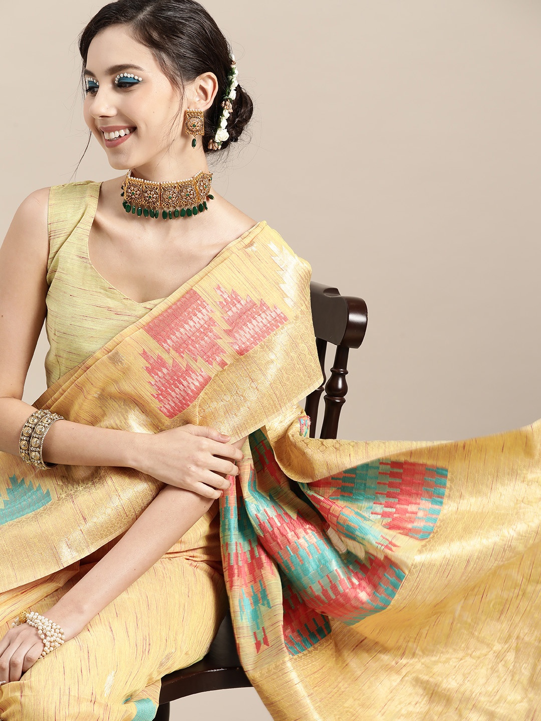 

Saree mall Geometric Silk Blend Saree with Woven Design border, Yellow