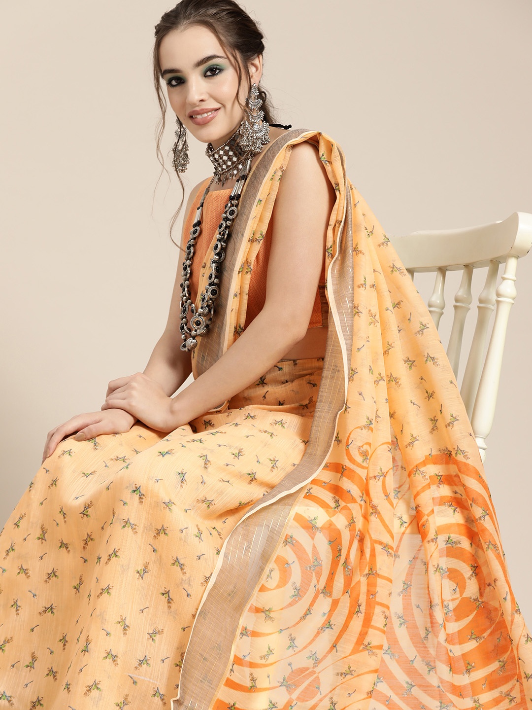 

Saree mall Orange & Grey Floral Printed Linen Blend Chanderi Sarees