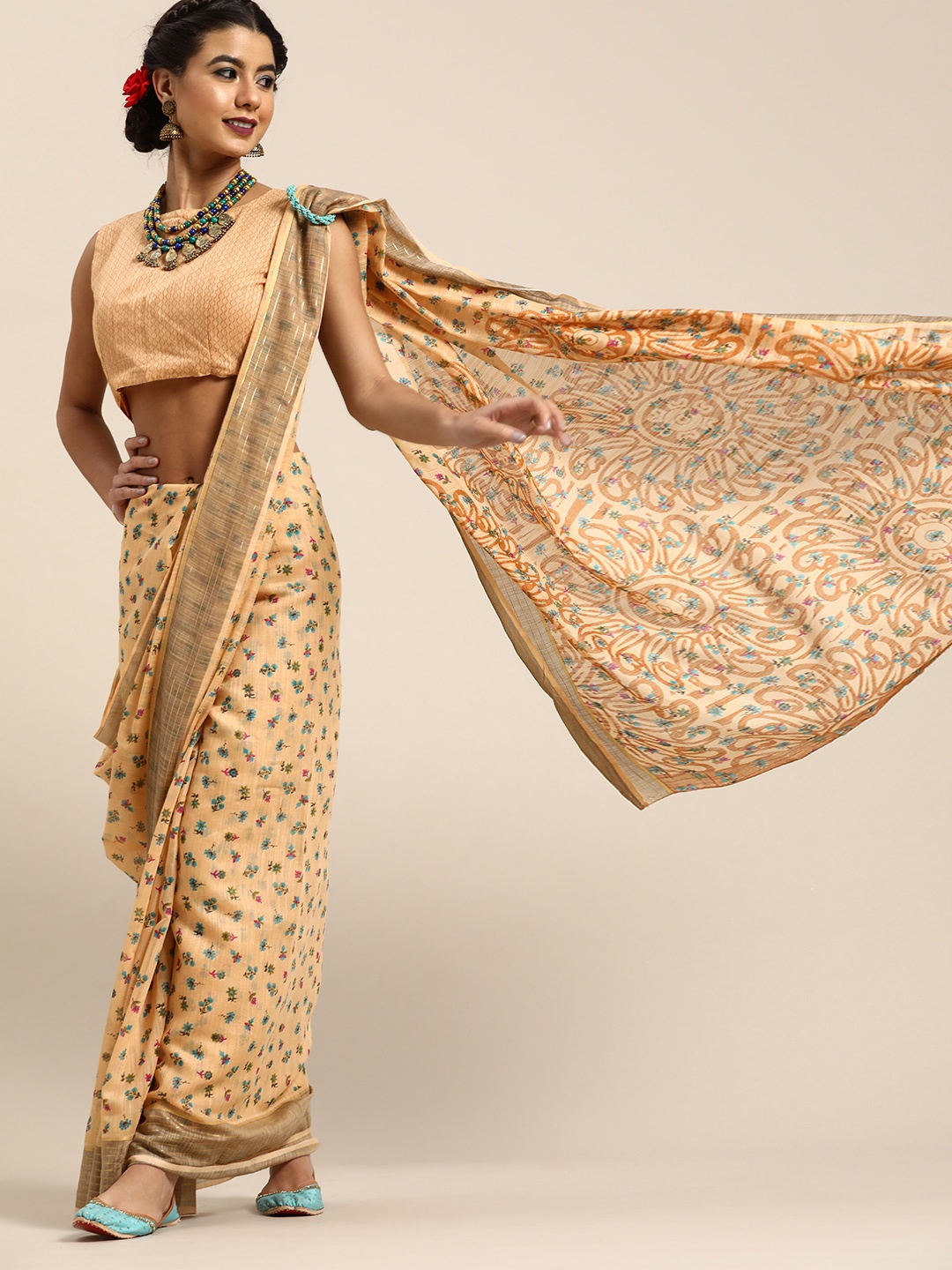

Saree mall Floral Linen Blend Saree with Printed border, Peach
