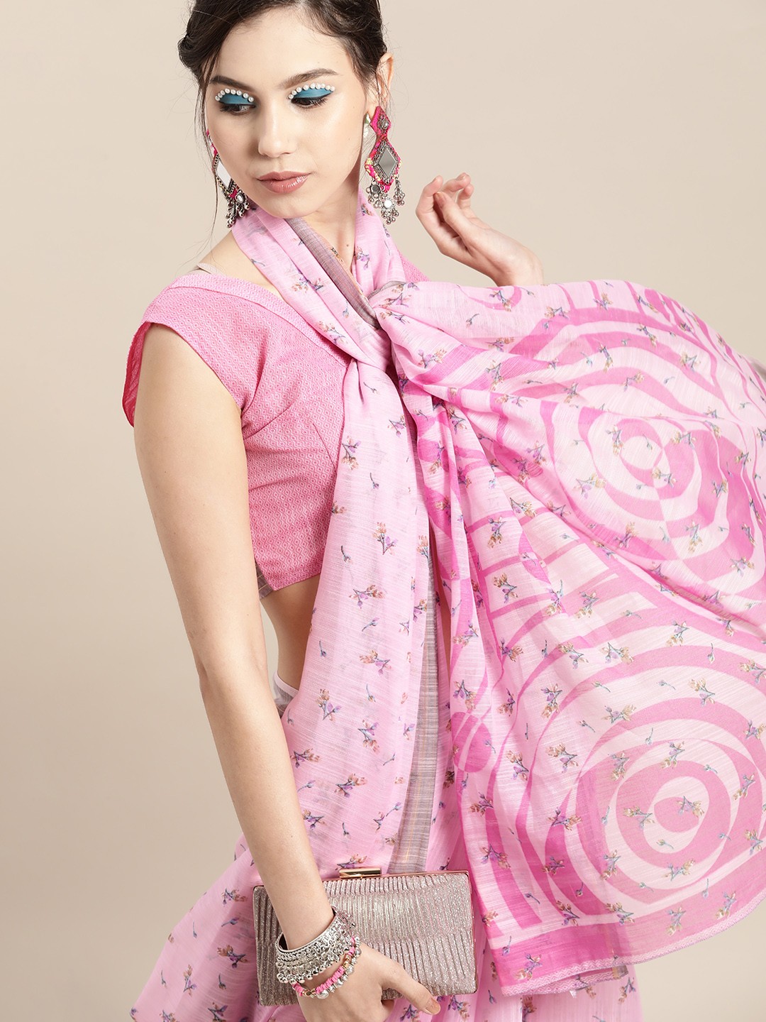 

Saree mall Floral Linen Blend Saree with Sleek border, Pink