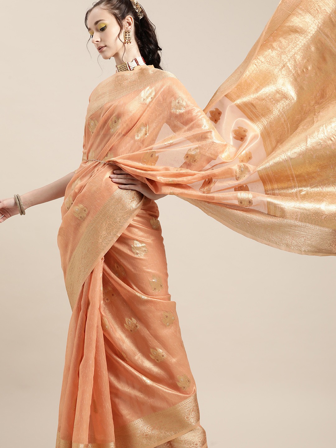 

Saree mall Ethnic Motifs Silk Blend Saree with Woven Design border, Peach