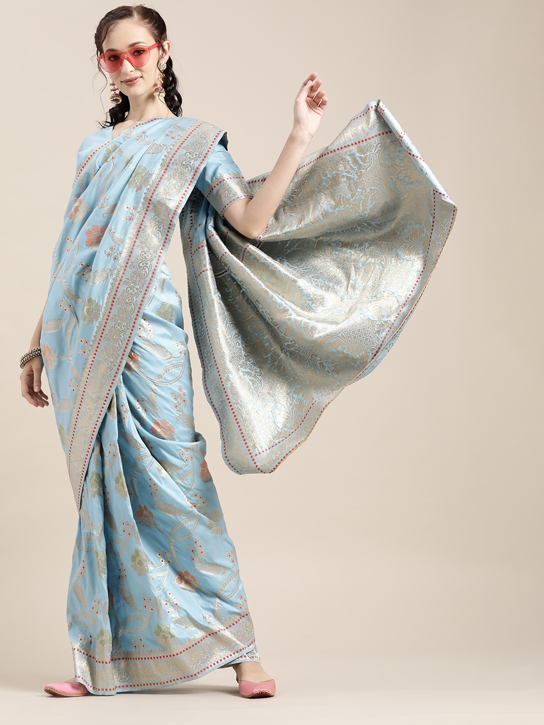 

Saree mall Floral Silk Blend Saree with Woven Design border, Blue