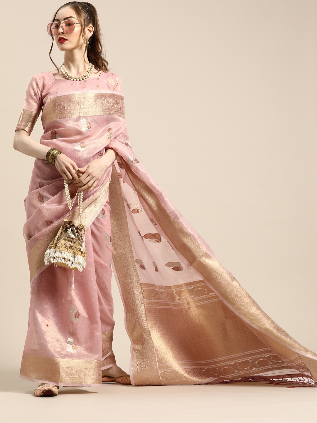 

Saree mall Ethnic Motifs Silk Blend Saree with Woven Design border, Pink