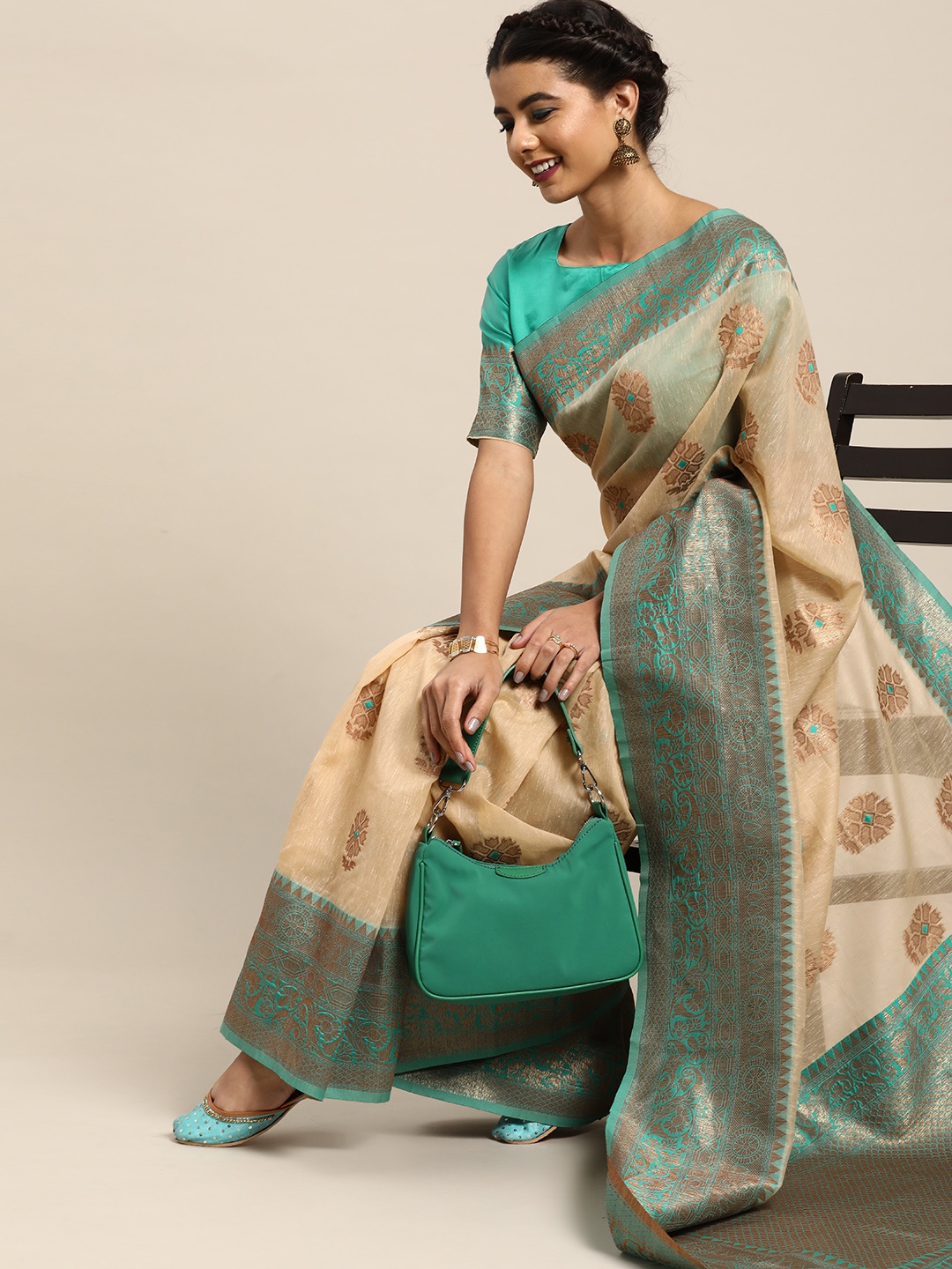 

Saree mall Ethnic Motifs Silk Blend Saree with Zari border, Beige