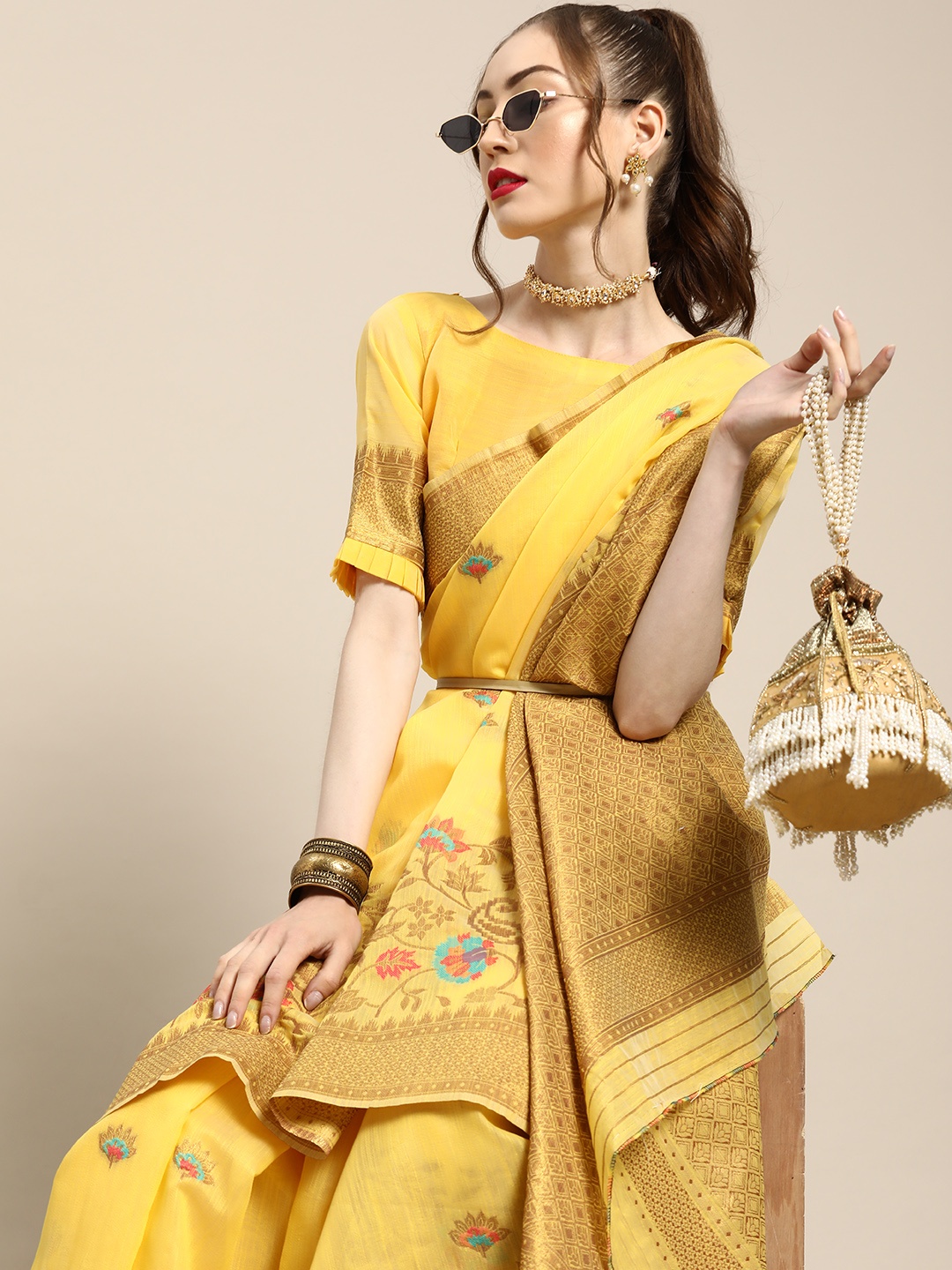 

Saree mall Ethnic Motifs Silk Blend Saree with Woven Design border, Mustard