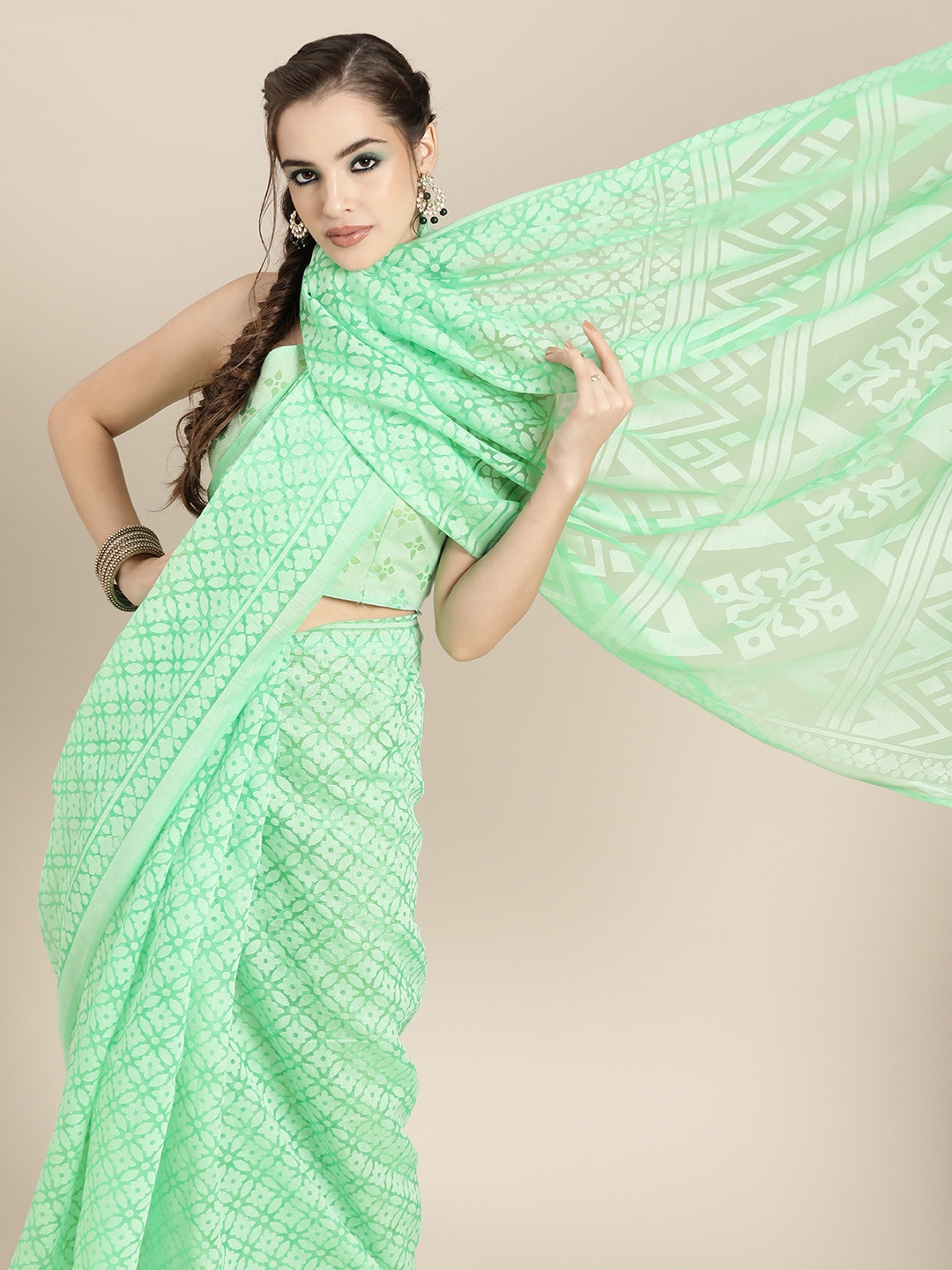 

Saree mall Green Floral Brasso Chanderi Sarees