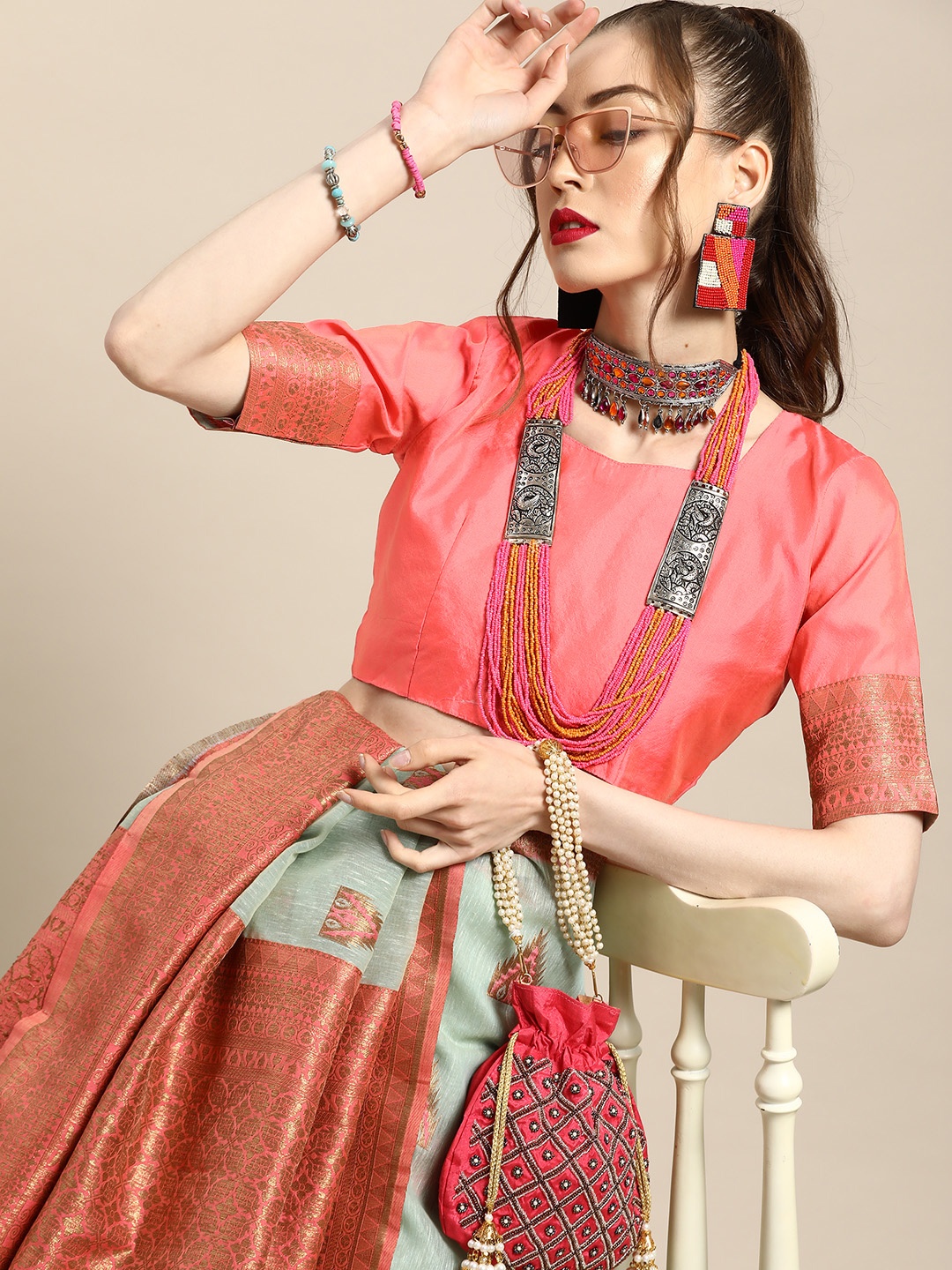 

Saree mall Ethnic Motifs Silk Blend Saree with Woven Design border, Green