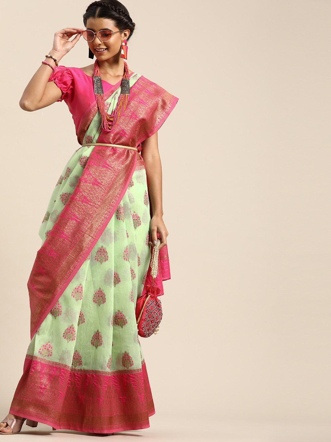 

Saree mall Green & Pink Ethnic Motifs Silk Blend Banarasi Sarees