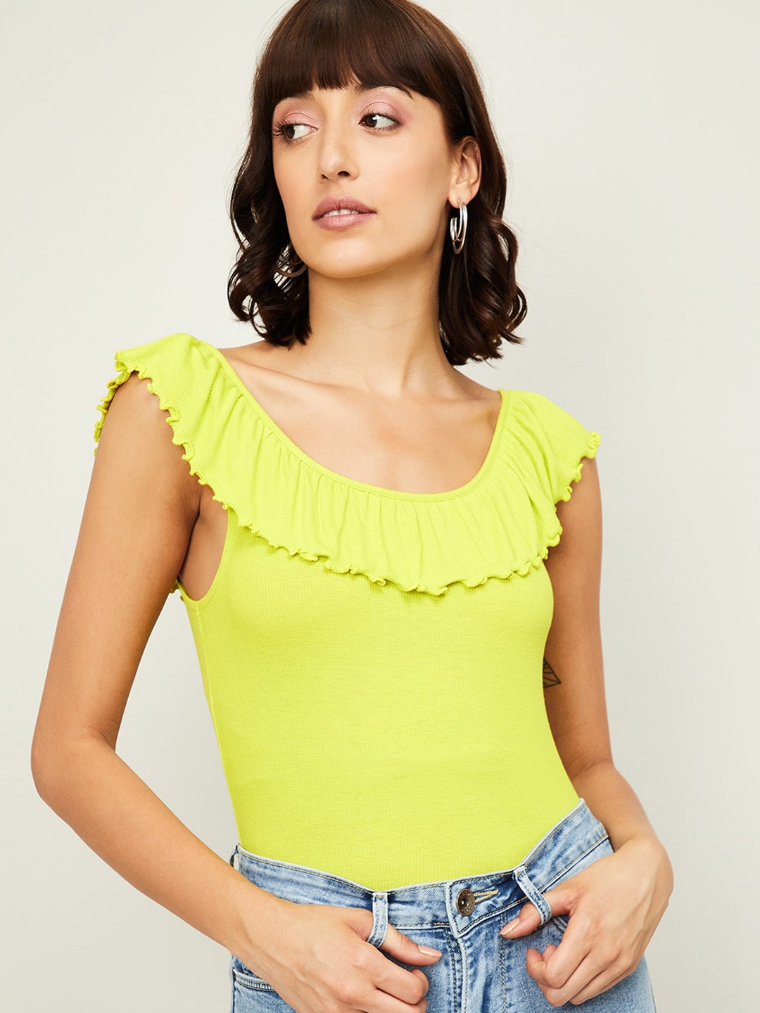 

Ginger by Lifestyle Lime Green Solid Off-Shoulder Layered Regular Top