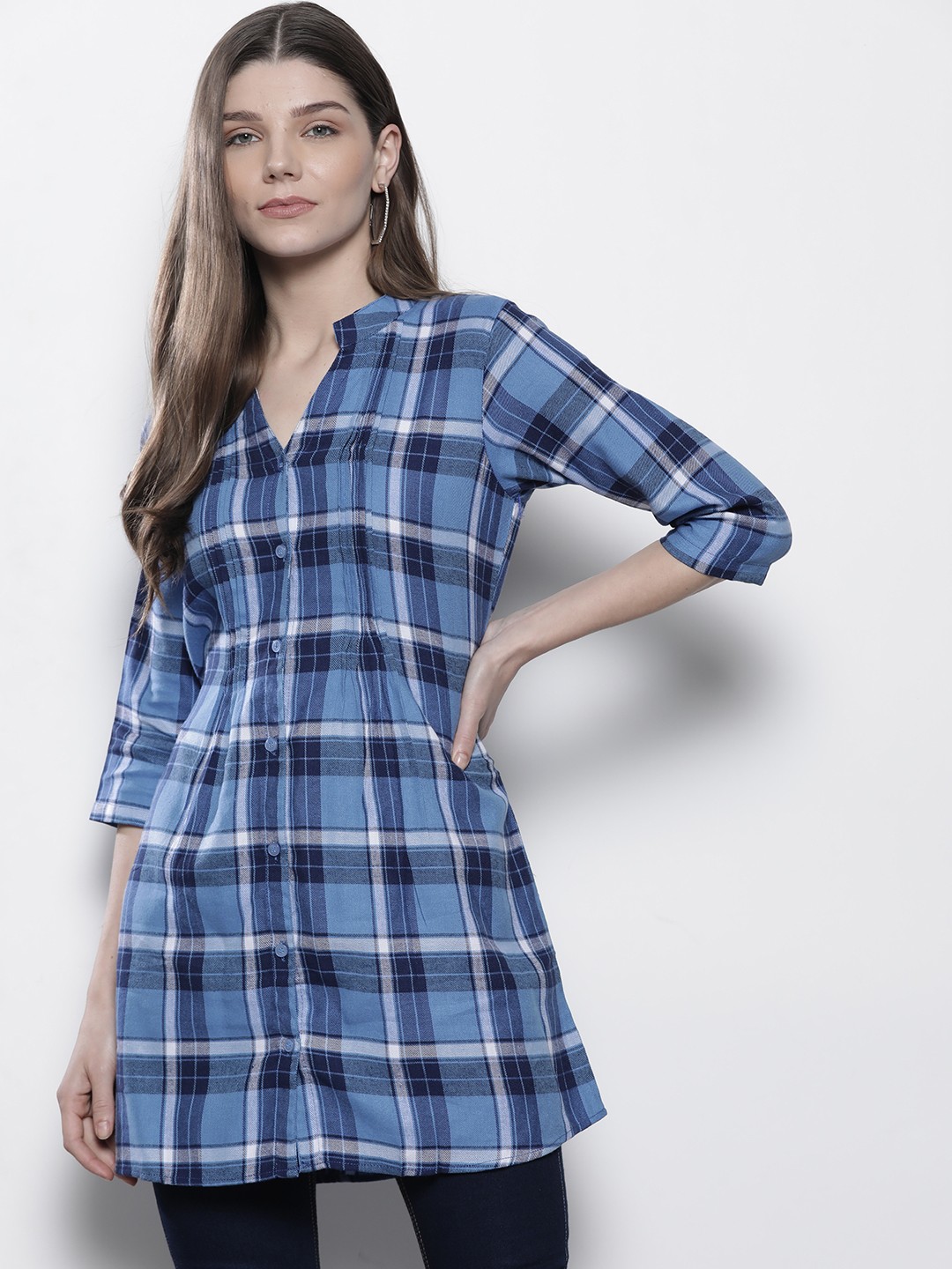 

One Femme Women Blue Pure Cotton Checked Shirt Style Tunic