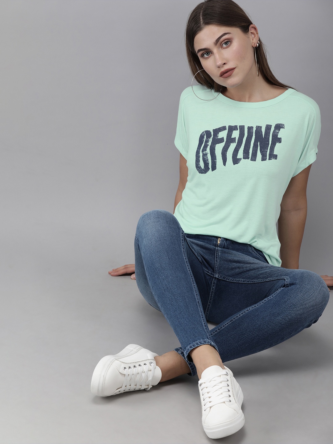 

Vero Moda Women Sea Green & Blue Printed Round Neck T-shirt