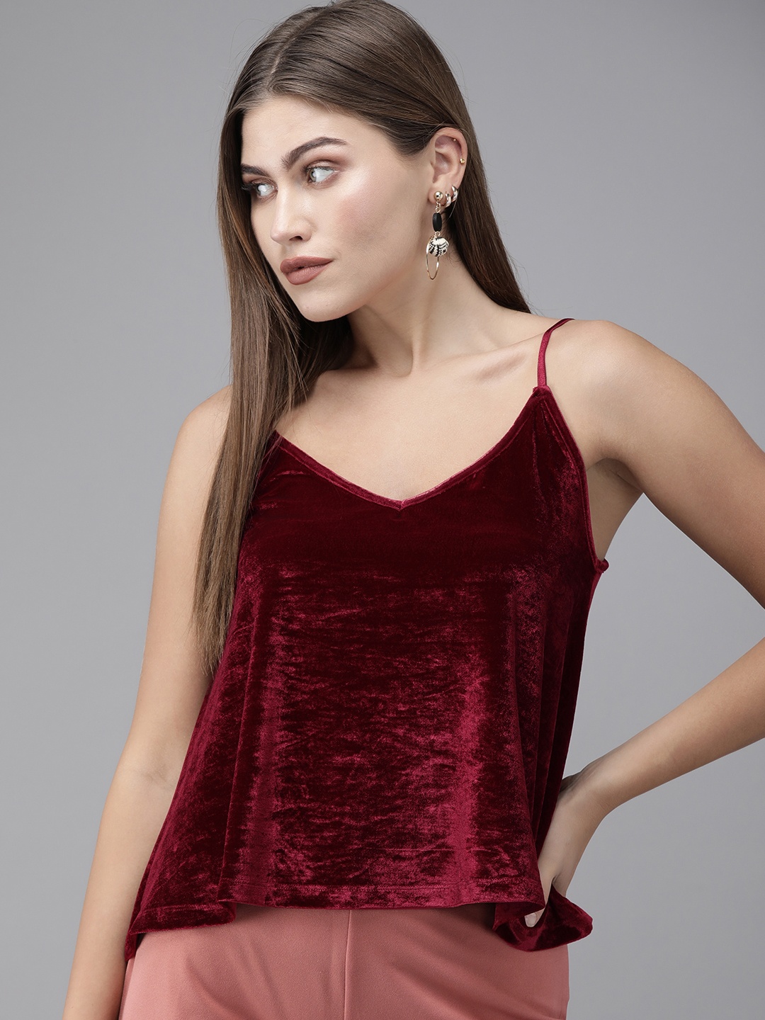 

Vero Moda Women Maroon Solid Velvet Regular Crop Top