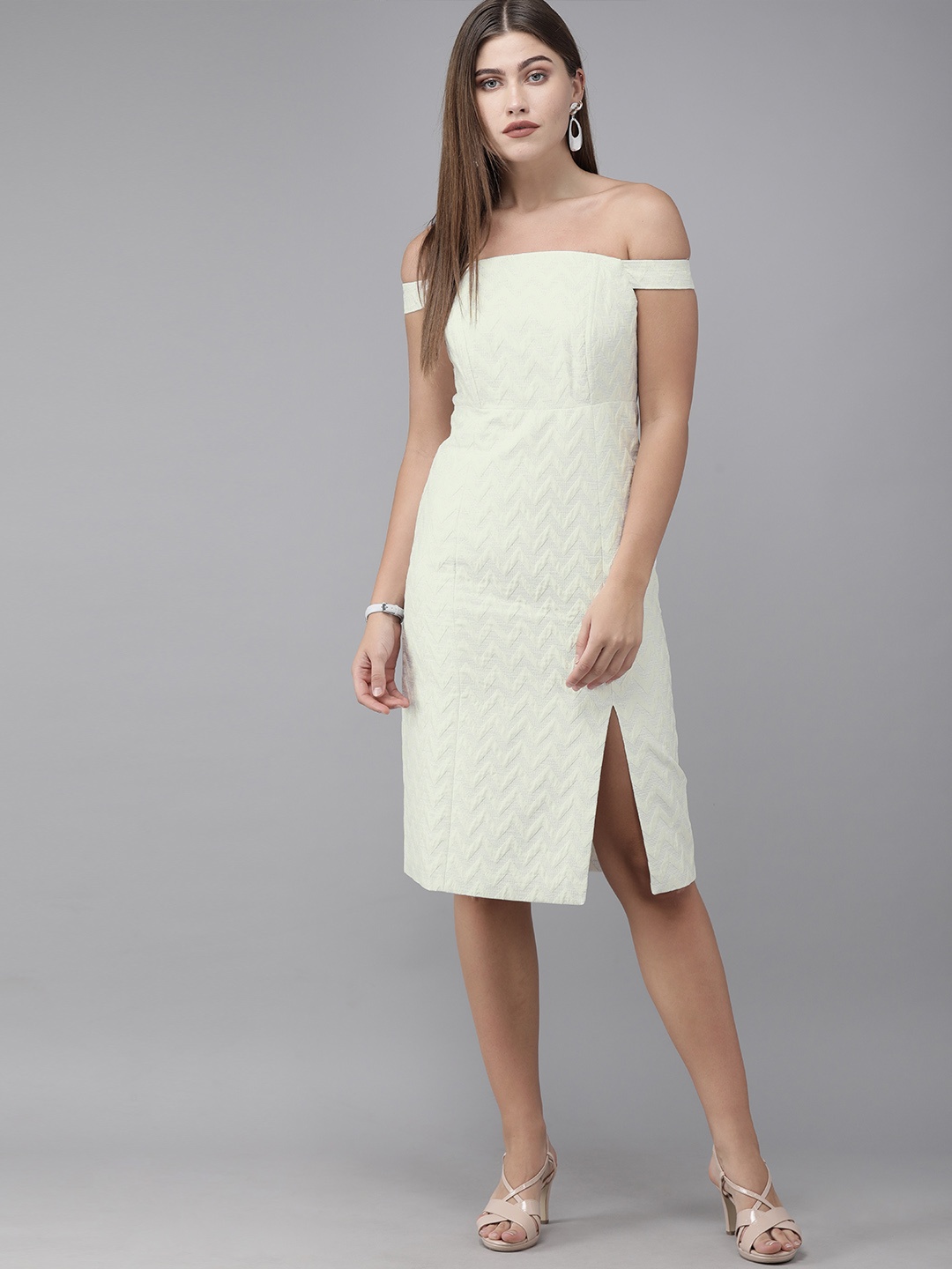 

Vero Moda Marquee Collection Women Off-White Self Design Off-Shoulder Sheath Dress