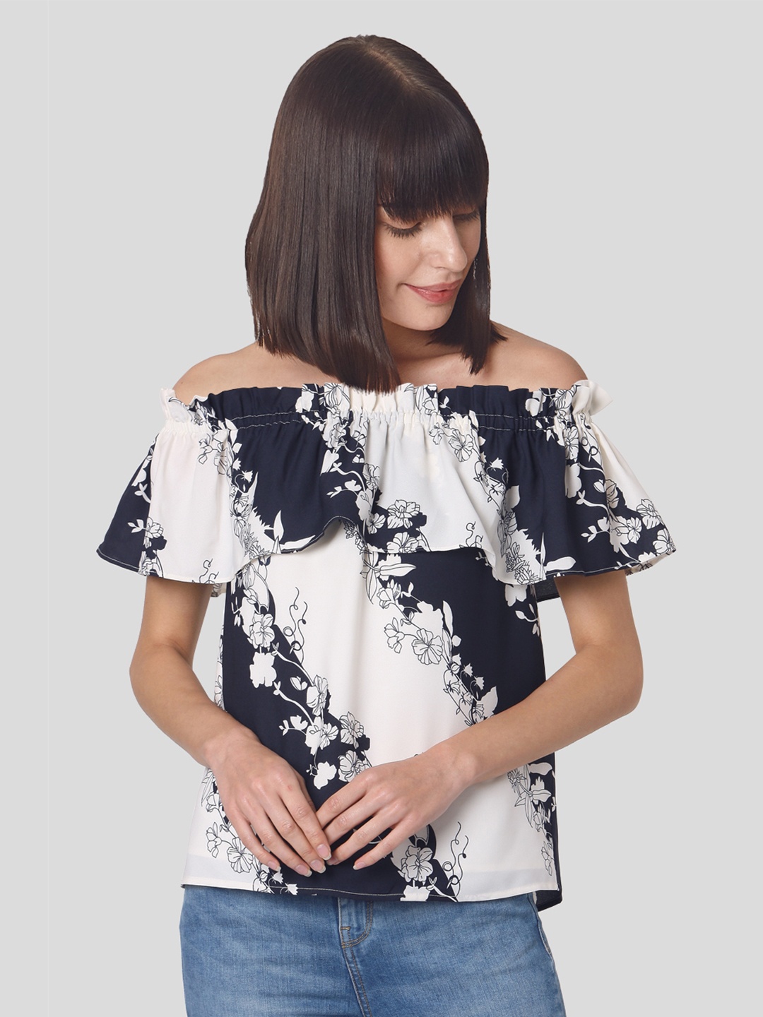 

Vero Moda White & Navy Blue Floral Printed Off-Shoulder Regular Top