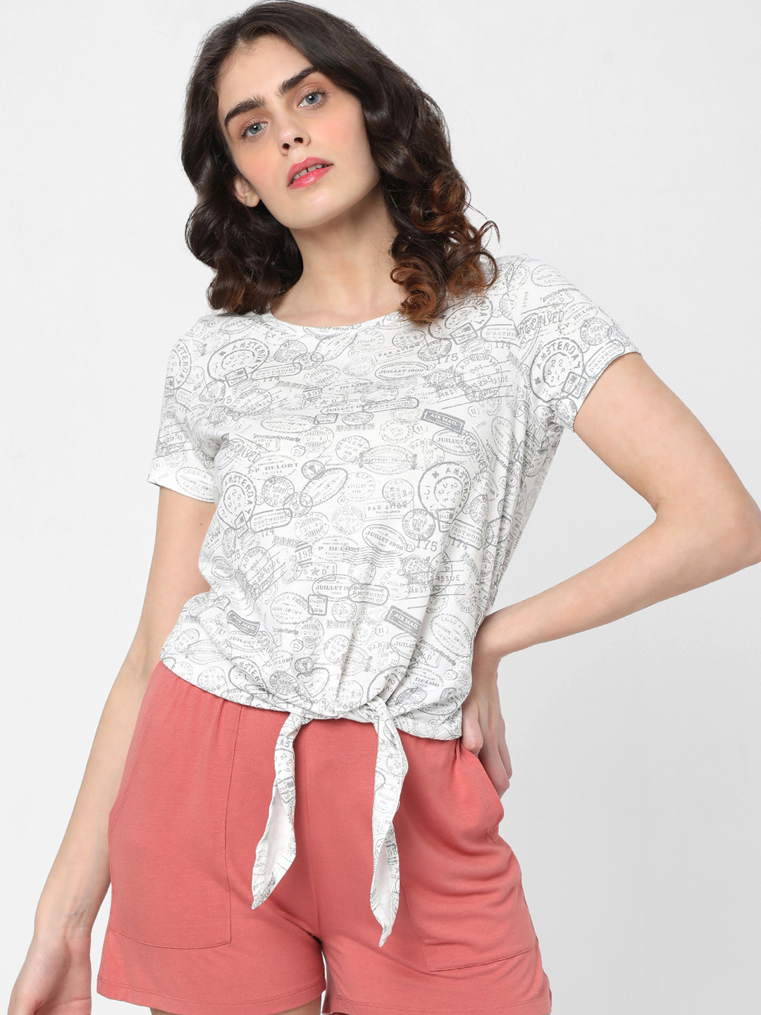 

Vero Moda Women White Printed Round Neck T-shirt with Tie-up Details