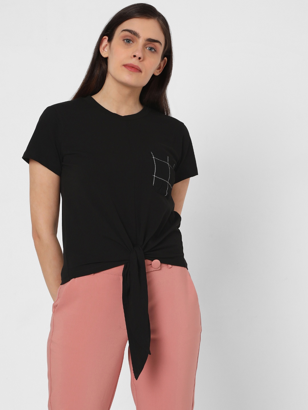 

Vero Moda Women Black Solid Round Neck Pure Cotton T-shirt with Tie-up Details