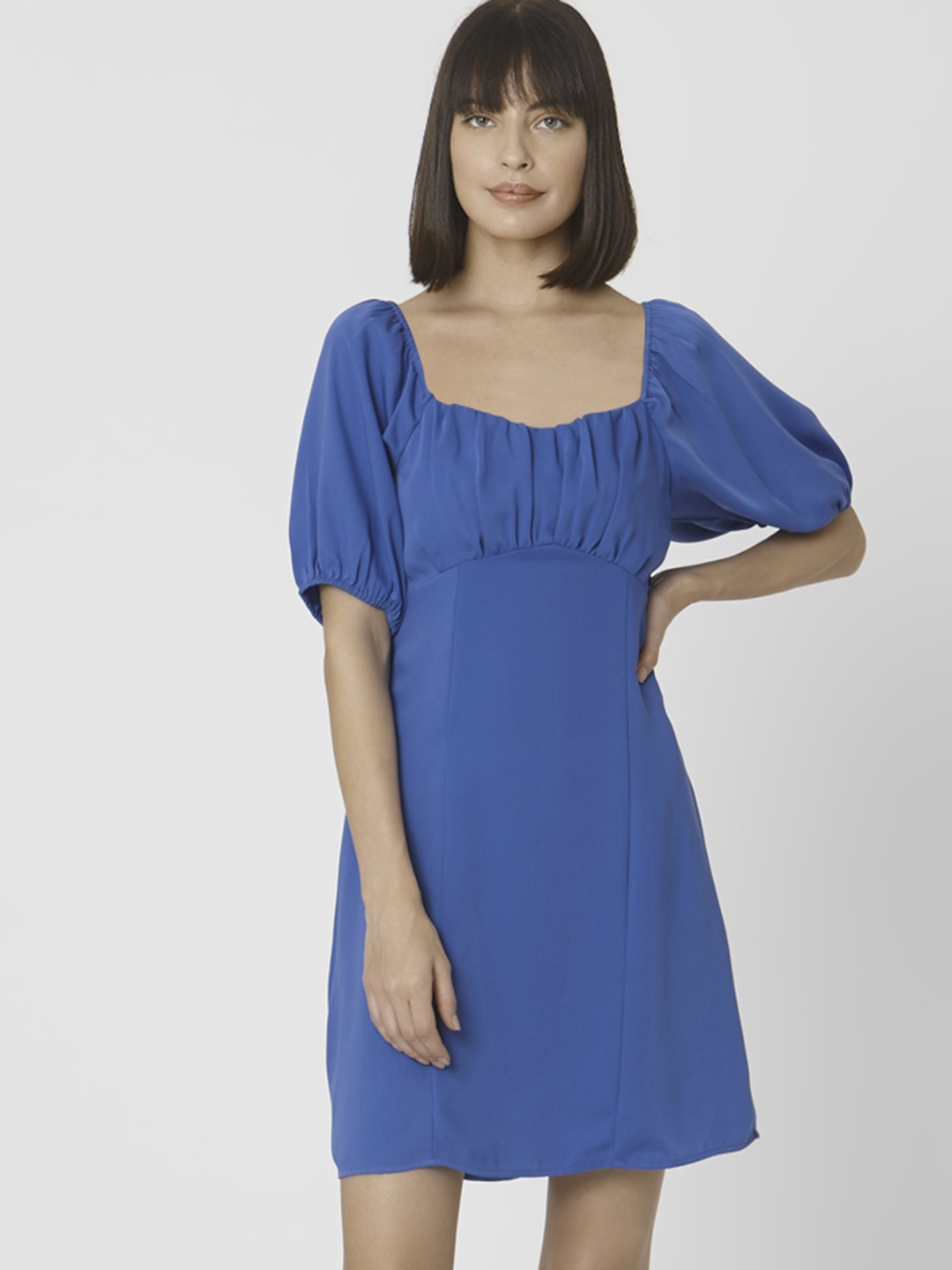 

Vero Moda Women Blue Solid A-Line Dress with Pleated Detailign