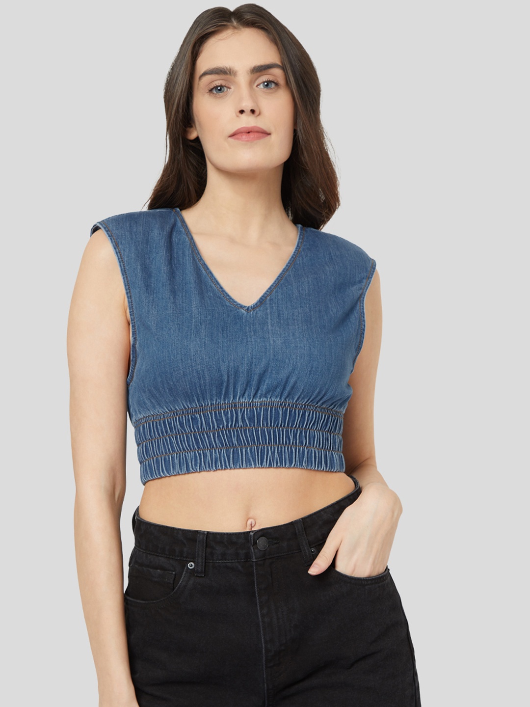 

Vero Moda Blue Pure Cotton Denim Blouson Crop Top