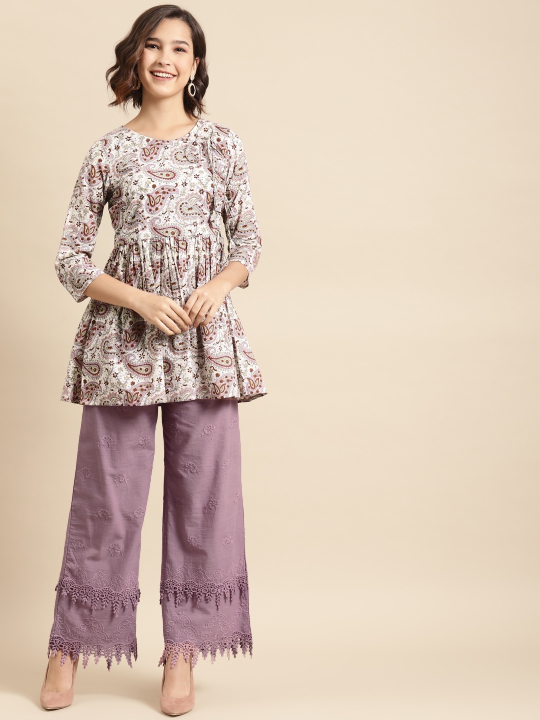 

Prakrti Women Off-White & Purple Hand Block Floral Printed Tunic with Palazzos