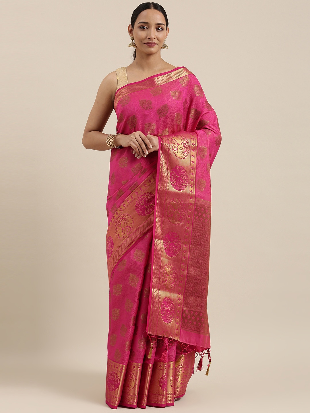 

MIMOSA Pink & Gold-Toned Art Silk Woven Design Kanjeevaram Saree