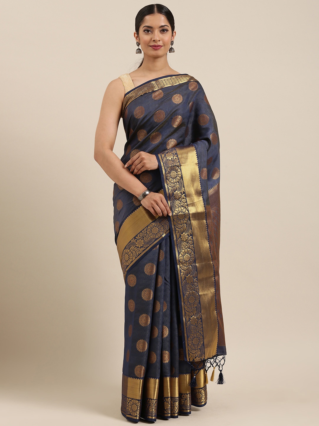 

MIMOSA Navy Blue & Gold-Toned Art Silk Woven Design Kanjeevaram Saree