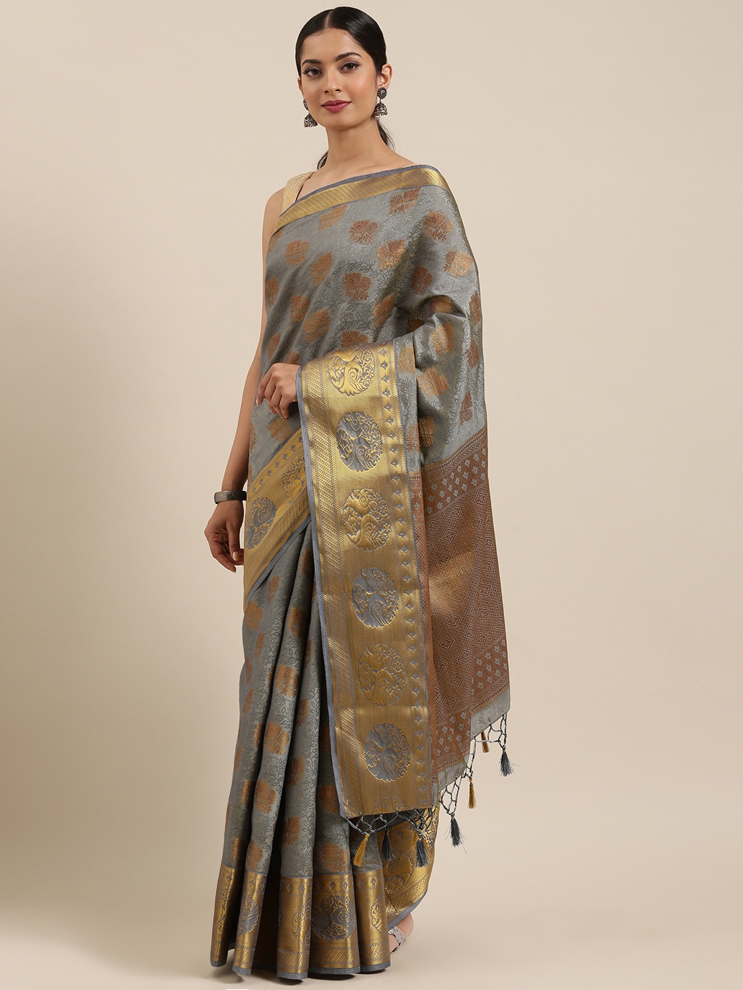 

MIMOSA Grey & Gold-Toned Woven Design Kanjeevaram Saree
