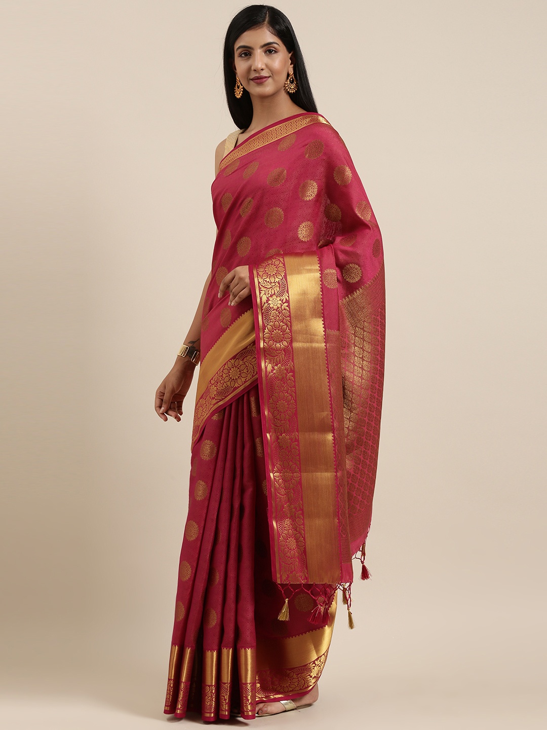 

MIMOSA Maroon & Gold-Toned Art Silk Woven Design Kanjeevaram Saree