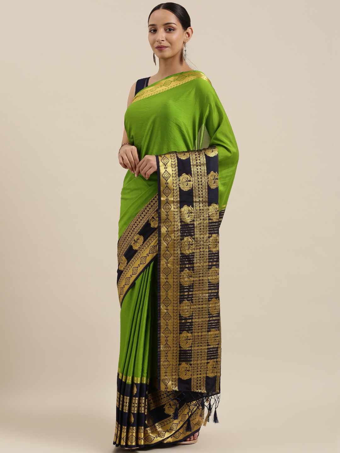 

MIMOSA Olive Green & Navy Blue Poly Crepe Woven Design Mysore Silk Saree