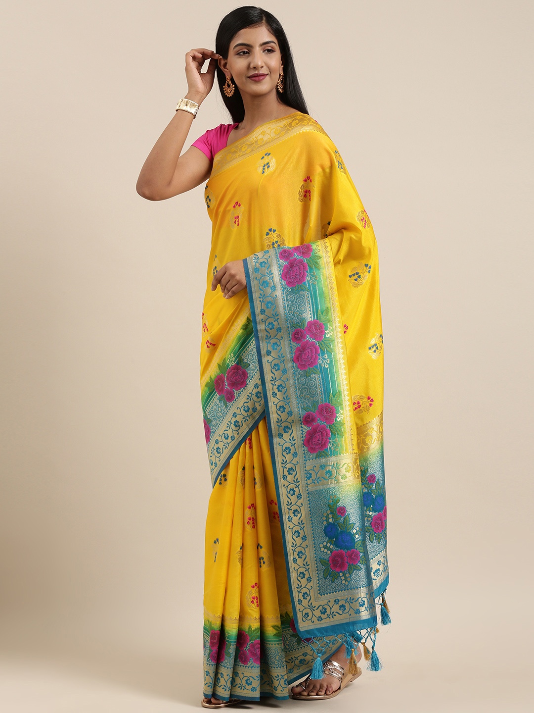 

MIMOSA Mustard Yellow & Blue Art Silk Woven Design Kanjeevaram Saree